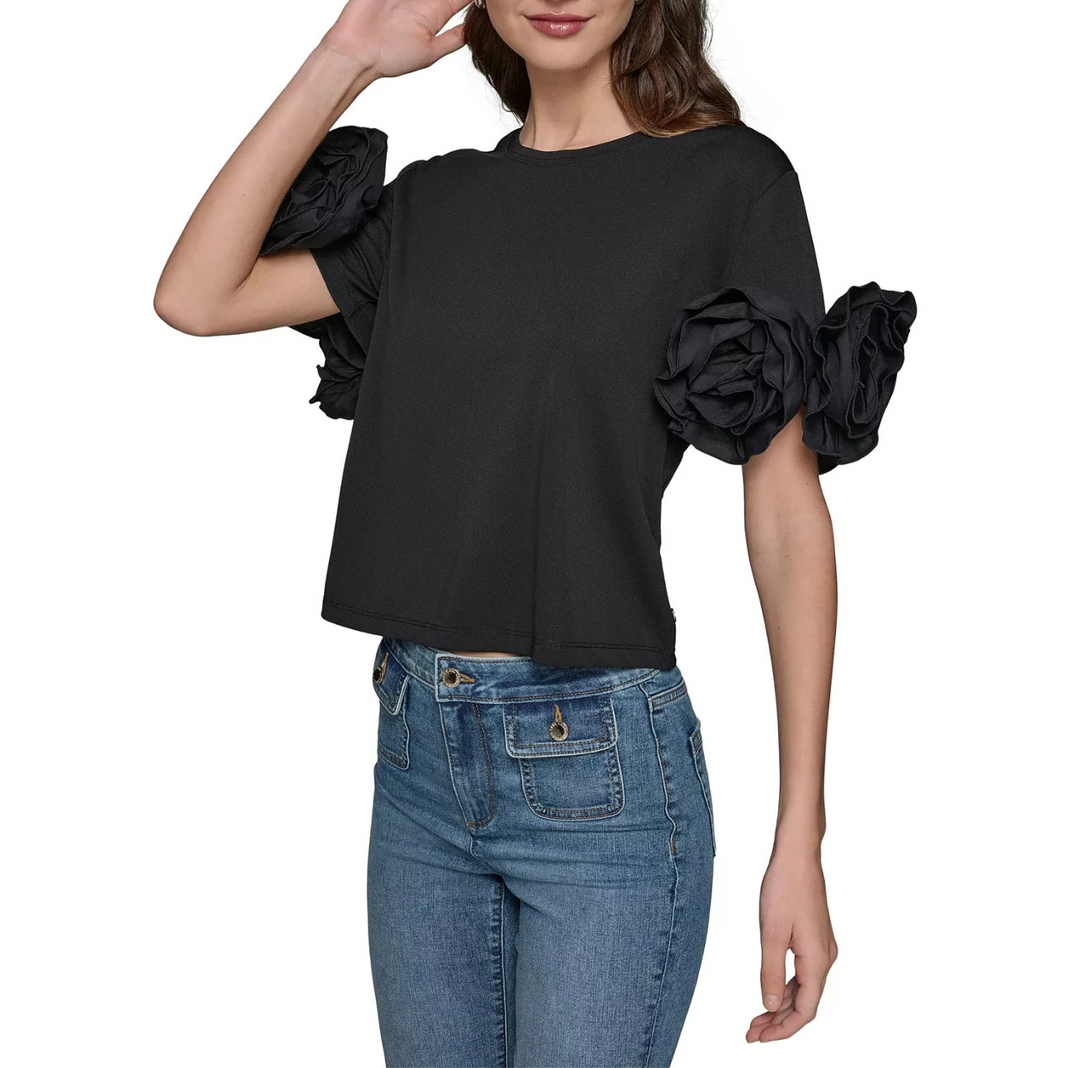 KARL LAGERFELD PARIS Women's 3D Floral-Sleeve Top MSRP $99