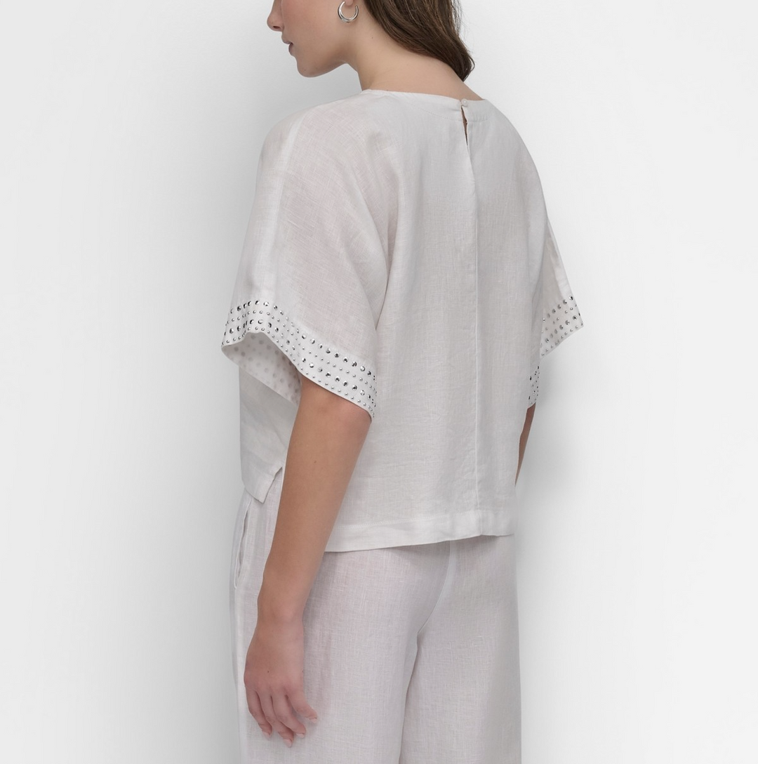 DKNY Women's Cropped Short-Sleeve Studded Linen Top MSRP $89