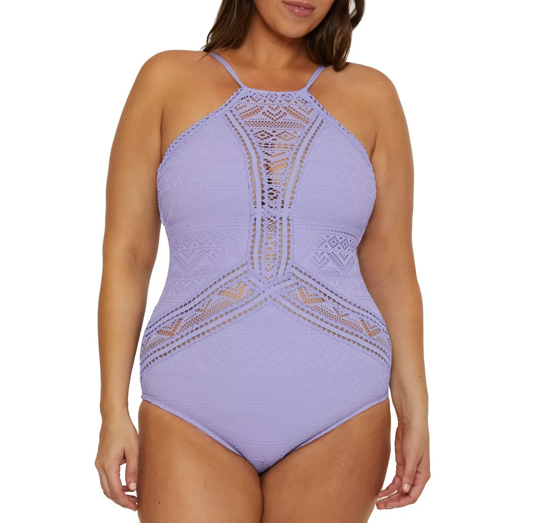 Becca ETC Plus Size Color Play Crocheted High Neck One-Piece Swimsuit MSRP $158