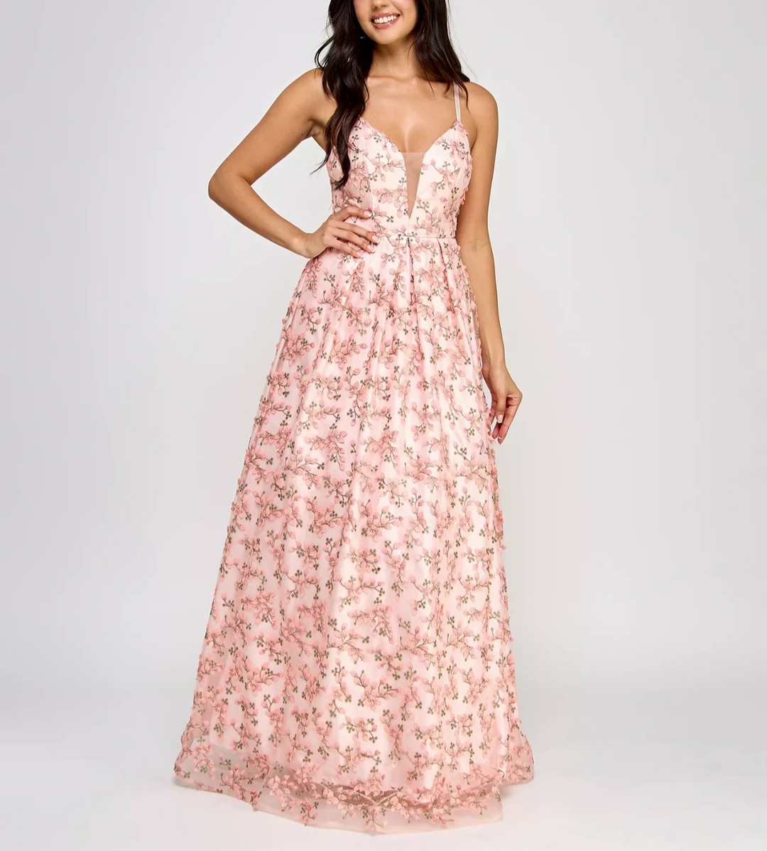 Bcx Juniors' 3D Floral Deep V-Neck Open-Back Gown, Created for Macy's - Light Pink