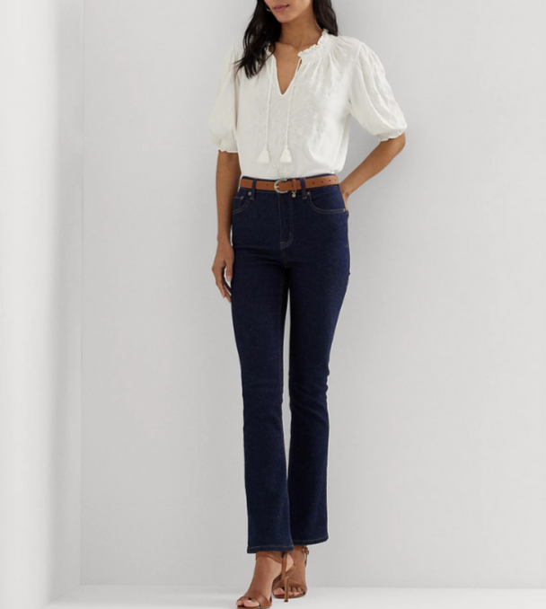 Lauren Ralph Lauren Embroidered Puff-Sleeve Top MSRP $145