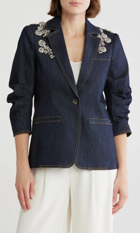 Cinq a Sept Embellished Khloe Crystal Chrysanthemum Denim Blazer MSRP $595