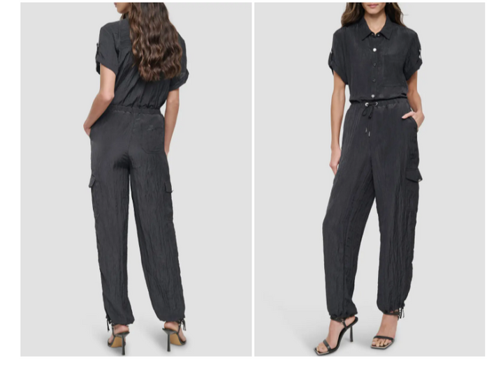 DKNY Women's Tie-Waist High-Rise Crinkle Cargo Joggers MSRP $99