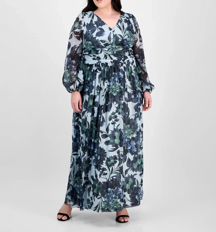 SL Fashions Plus Size Floral-Print Blouson-Sleeve Gown MSRP $149