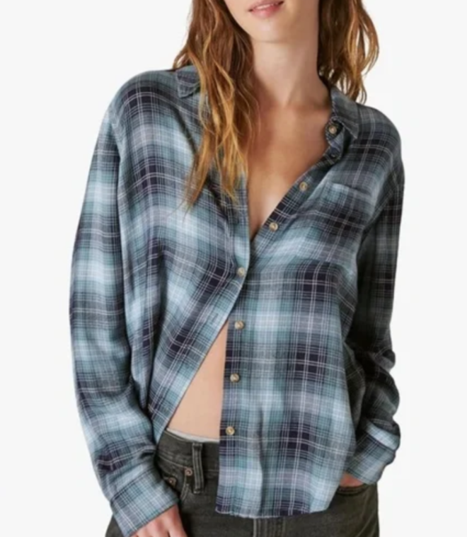 Lucky Brand Cloud Plaid Boyfriend Shirt MSRP $79