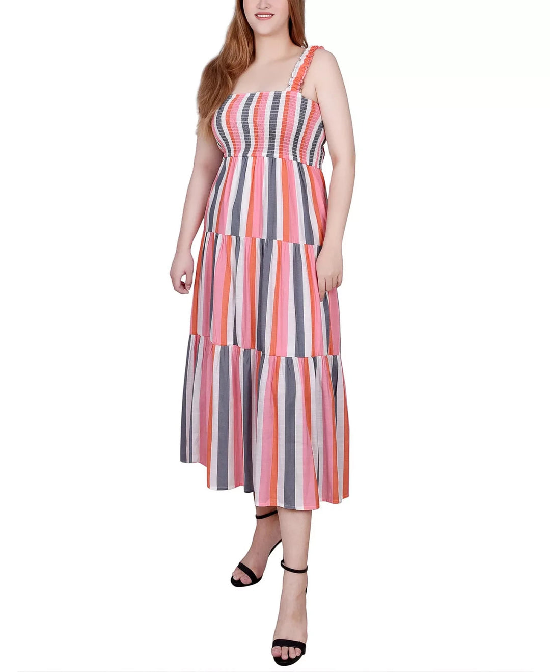 NY Collection Petite Smocked-Bodice Tiered Midi Dress MSRP $58