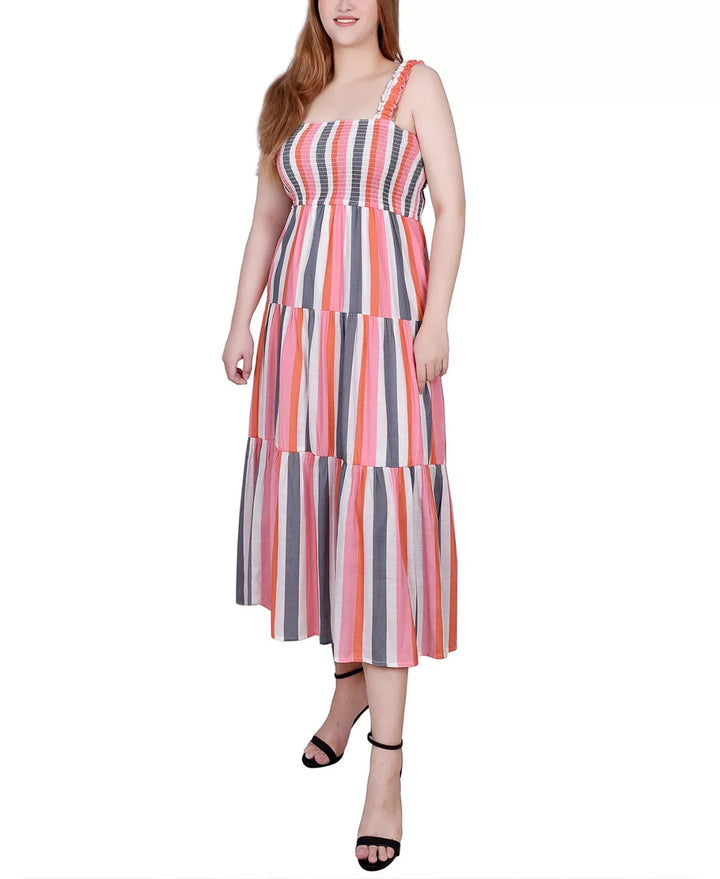 NY Collection Petite Smocked-Bodice Tiered Midi Dress MSRP $58