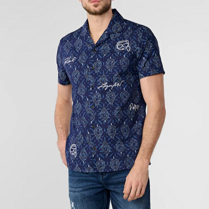 Karl Lagerfeld Paris Leaf Print Short Sleeve Embroidered Shirt MSRP $119