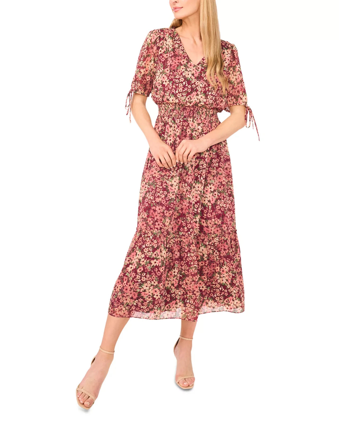 CeCe Women's Smocked Waist V-Neck Dress MSRP $99