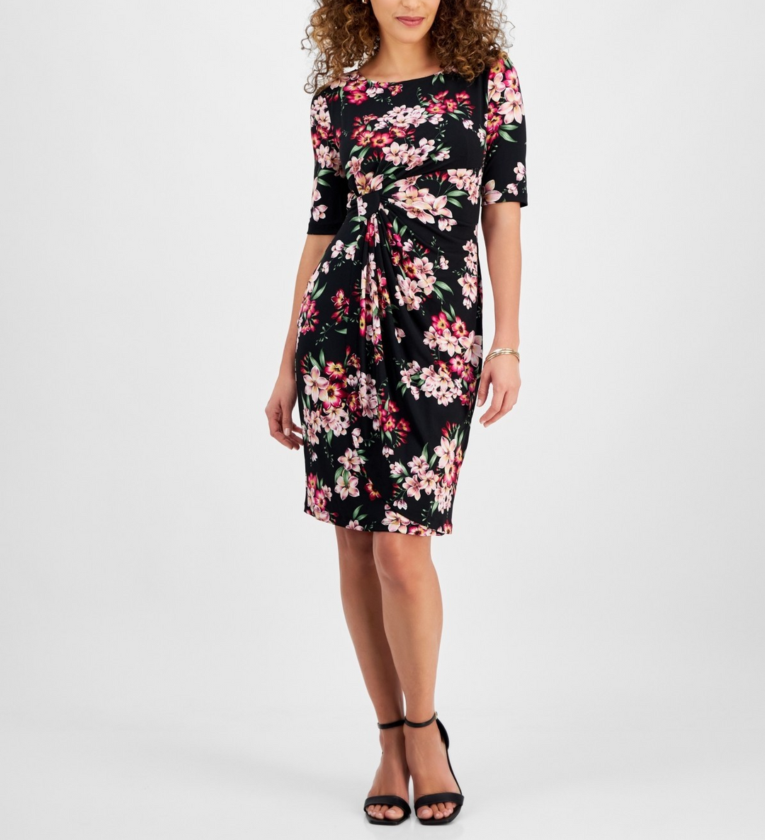 Connected Petite Ruched Side-Tab Elbow-Sleeve Dress MSRP $69