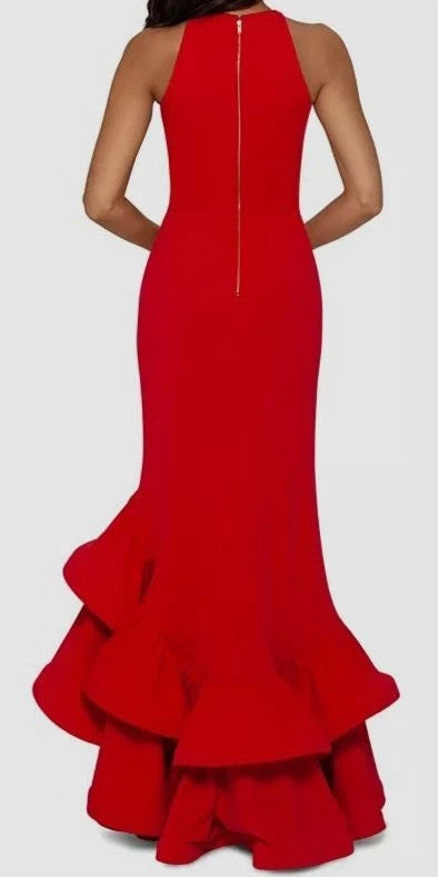 Betsy & Adam Women's Halter Neck Ruffle Tier Scuba Crepe Gown MSRP $259