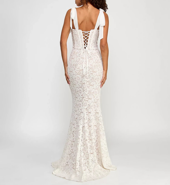 City Studios Juniors' Glitter-Lace Tie-Shoulder Sweetheart Gown MSRP $149.00