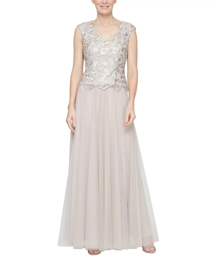 Alex Evenings Women's Embroidered Cap-Sleeve Tulle Gown MSRP $199