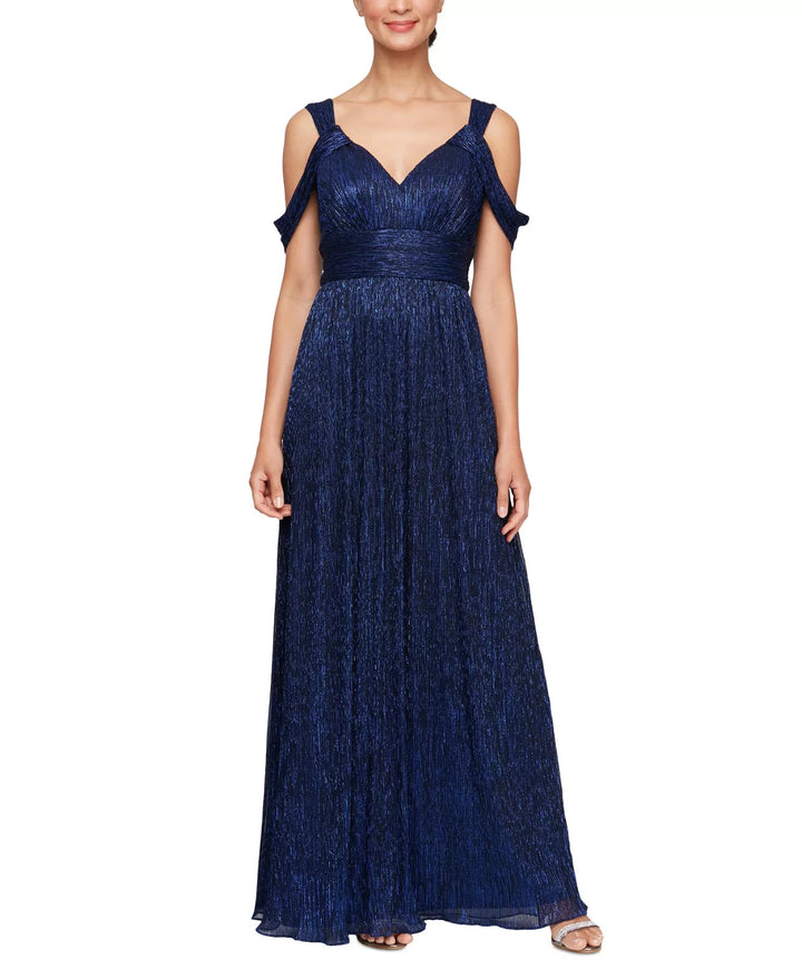 Alex Evenings Women's Metallic Printed Cold Shoulder Gown MSRP $199