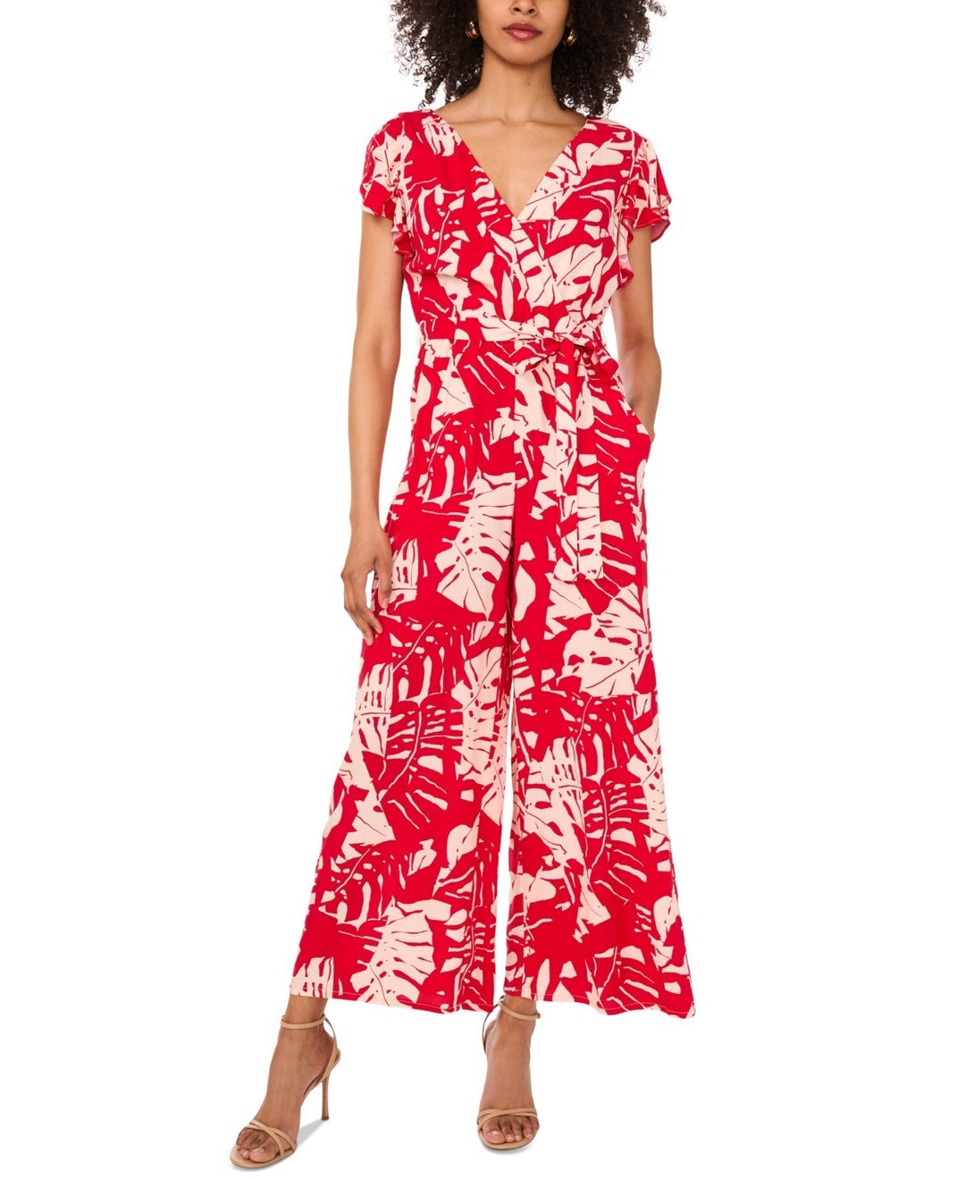 Sam & Jess Women's Printed Tie-Waist Flutter-Sleeve V-Neck Jumpsuit MSRP $89