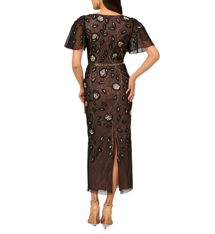 Adrianna Papell Embellished Flutter-Sleeve Sheath Dress MSRP $299