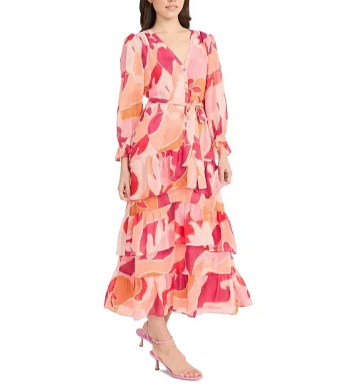 Donna Morgan Printed Belted Tiered Shirtdress MSRP $148