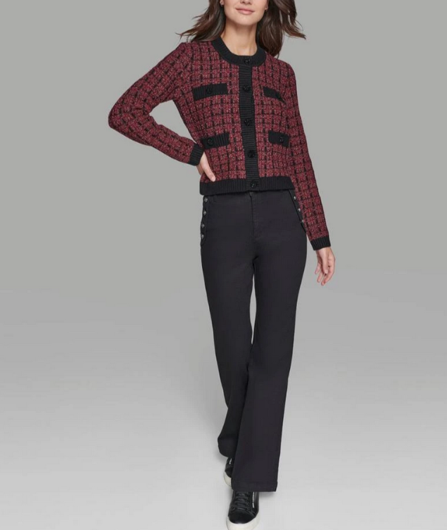 KARL LAGERFELD PARIS Button Front Shine Tweed Cardigan