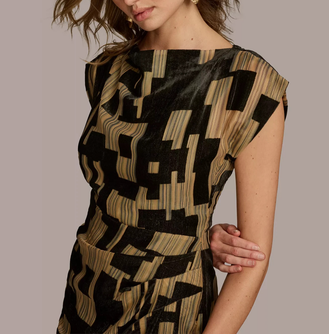 Donna Karan New York Printed Velvet Extended-Shoulder Dress MSRP $199