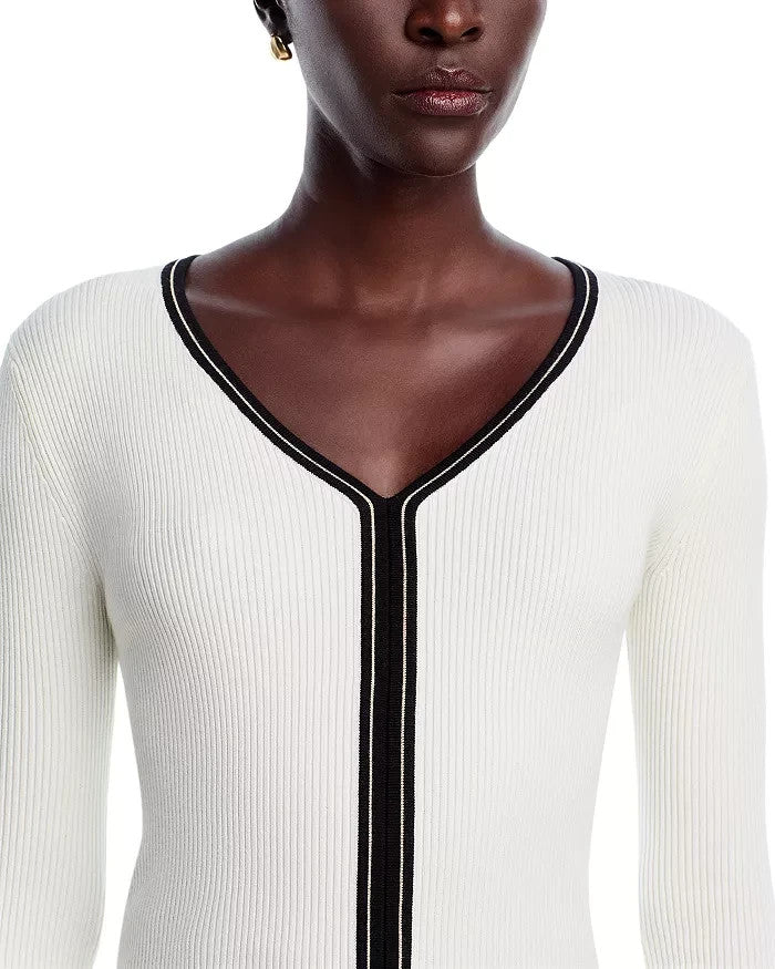 T Tahari Long Sleeve V Neck Striped Ribbed Sweater MSRP $68