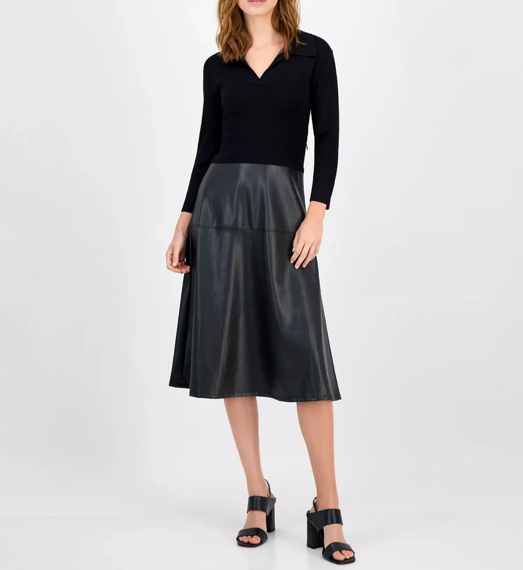 T Tahari Women's Mixed-Media Fit and Flare Dress MSRP $128