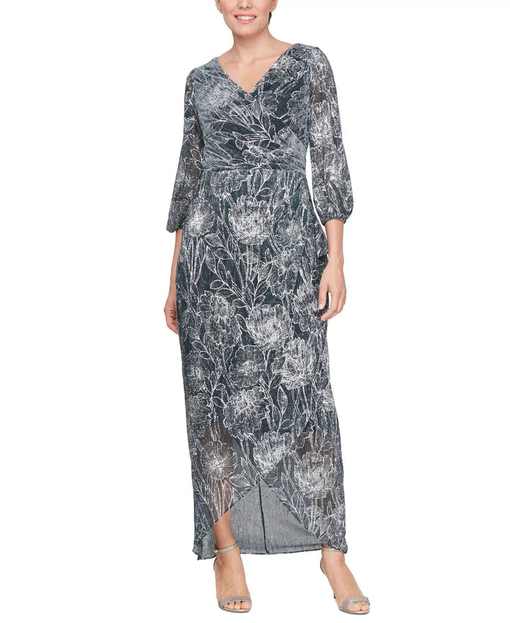 SL Fashions Women's Metallic Print Blouson-Sleeve High-Low Gown MSRP $139