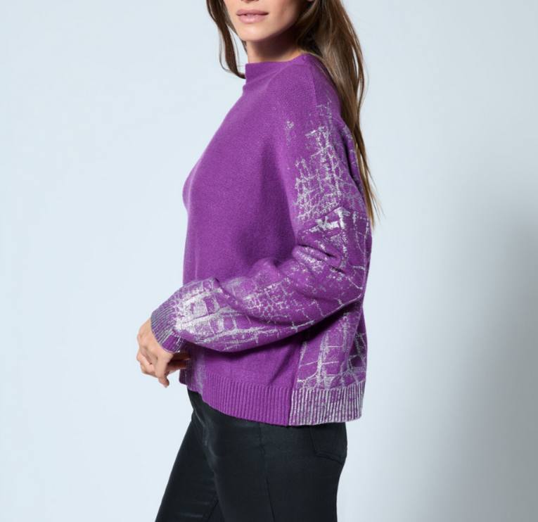 Adrienne Landau Crocodile Foil Print Funnel Neck Sweater MSRP $295
