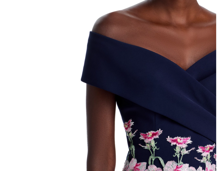 Teri Jon by Rickie Freeman Crepe Off-the-Shoulder Embroidered Tulle Dress $660