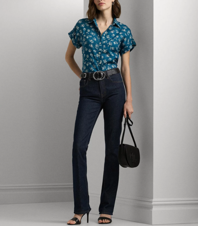 LAUREN Ralph Lauren Linen Cuffed Floral Shirt MSRP $115