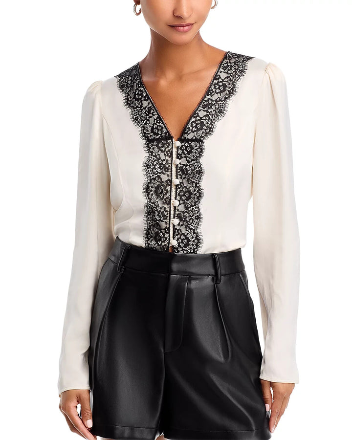 FRENCH CONNECTION Ennis Satin Lace Trim Blouse MSRP $118