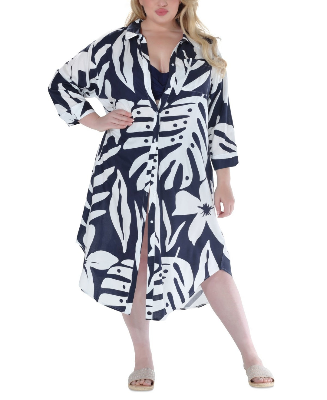 Raviya Plus Size Printed Button-Down Midi Cover-Up Dress MSRP $58