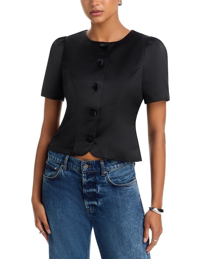 French Connection Jaxon Satin Puff Sleeve Top MSRP $118