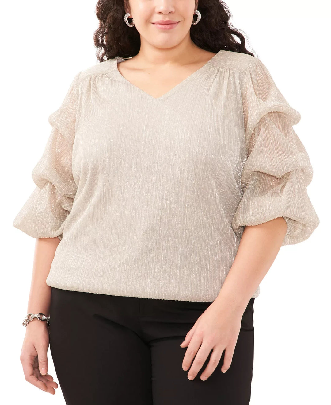 MSK Plus Size 3X Metallic Tiered-Sleeve V-Neck Top MSRP $79