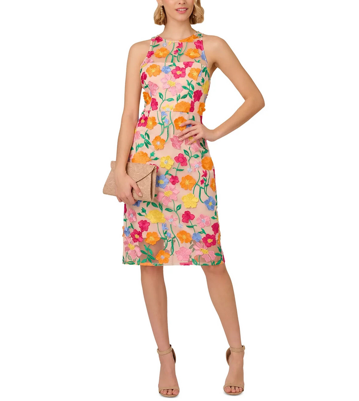 Adrianna Papell Floral-Embroidered Column Dress MSRP $179