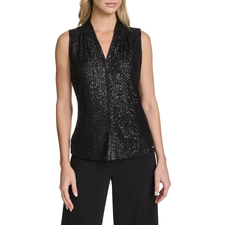 Calvin Klein Women's Sequin Detail V-Neck Blouse MSRP $74.00