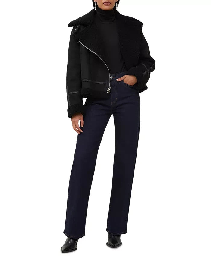 French Connection Women's Faux-Shearling Faux-Leather Trim Coat MSRP $248