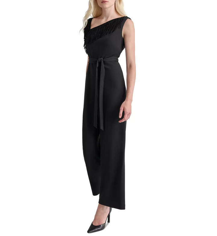 DKNY Women's Asymmetric-Neck Fringe-Trim Jumpsuit MSRP $149