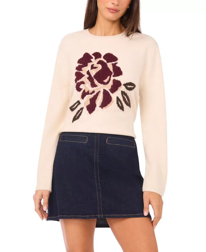 Vince Camuto Crewneck Rose Motif Long-Sleeve Sweater MSRP $79