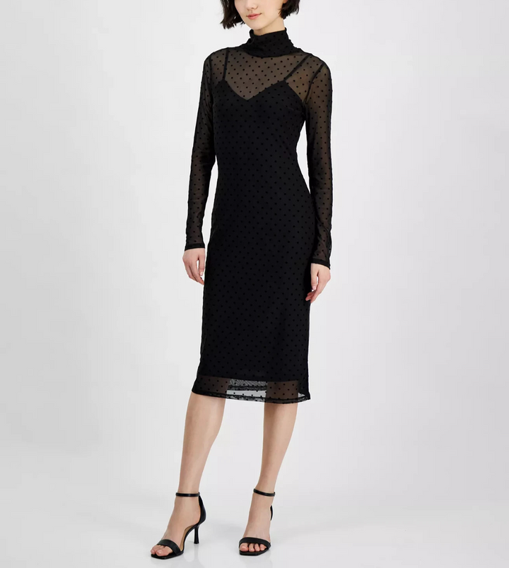 RACHEL Rachel Roy Lydie Dotted-Mesh Mock-Neck Dress MSRP $139