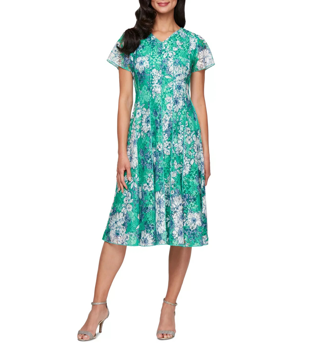 SL Fashions Women's Printed Lace A-Line Dress MSRP $99