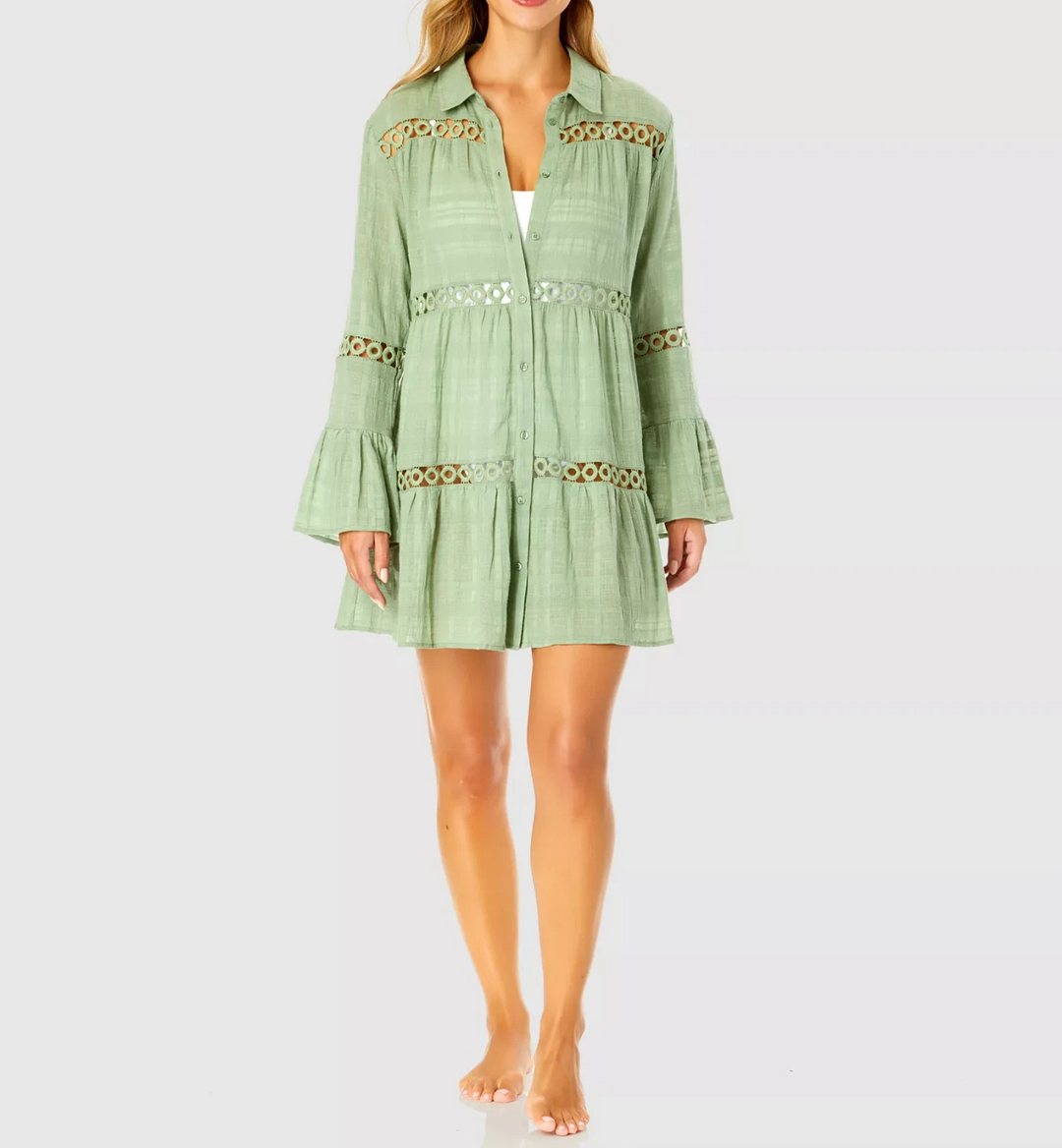 Ibiza Anne Cole Button Up Bell Sleeve Crochet Trim Cover-Up Tunic MSRP $72