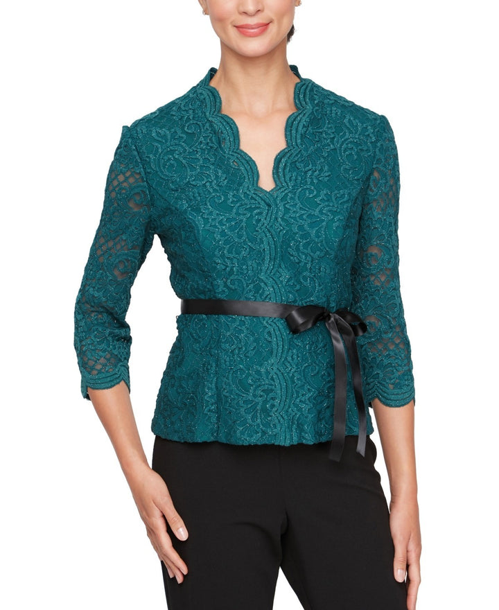 Alex Evenings Petite Lace Scalloped-Neck Bow Top MSRP $139