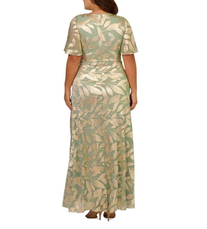 Adrianna Papell Plus Size Foil Leaf Flutter-Sleeve Draped Gown MSRP $249