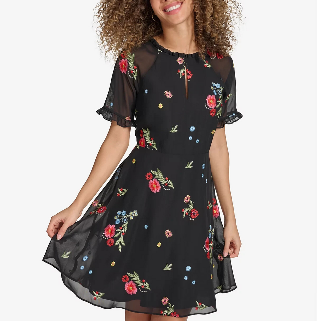 kensie Embroidered Chiffon Back-Cutout Dress MSRP $128