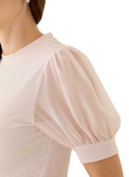 Calvin Klein Mixed Media Crew Neck Short Puff Sleeve Top MSRP $59
