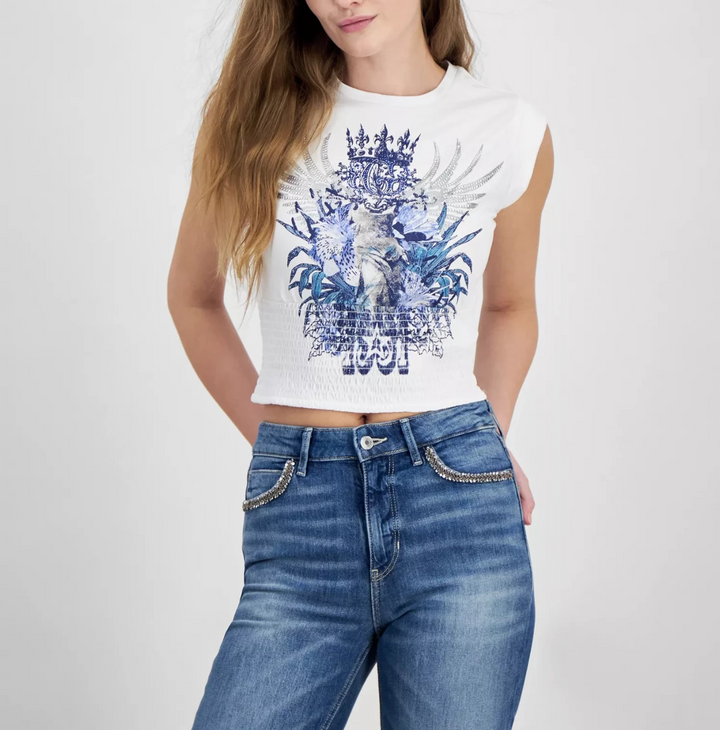 GUESS Smocked Embellished Graphic Tank Top MSRP $59
