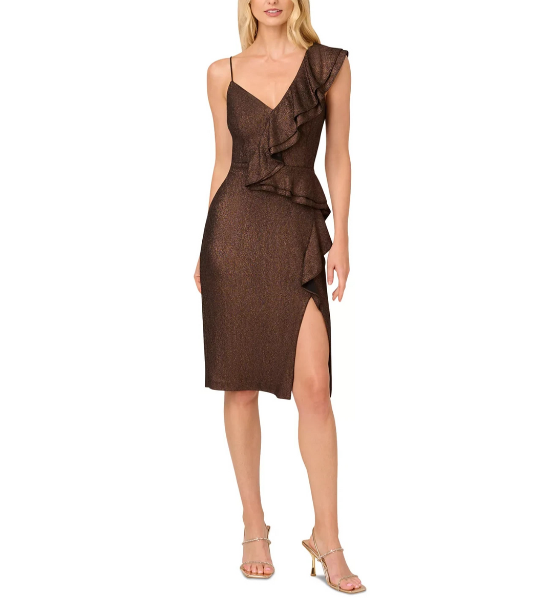 Adrianna Women's Metallic Ruffled Sleeveless Sheath Dress MSRP $195