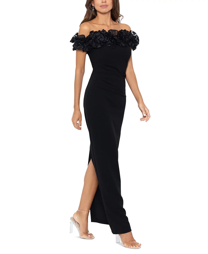 XSCAPE Floral Ruffled Off-The-Shoulder Gown MSRP $269