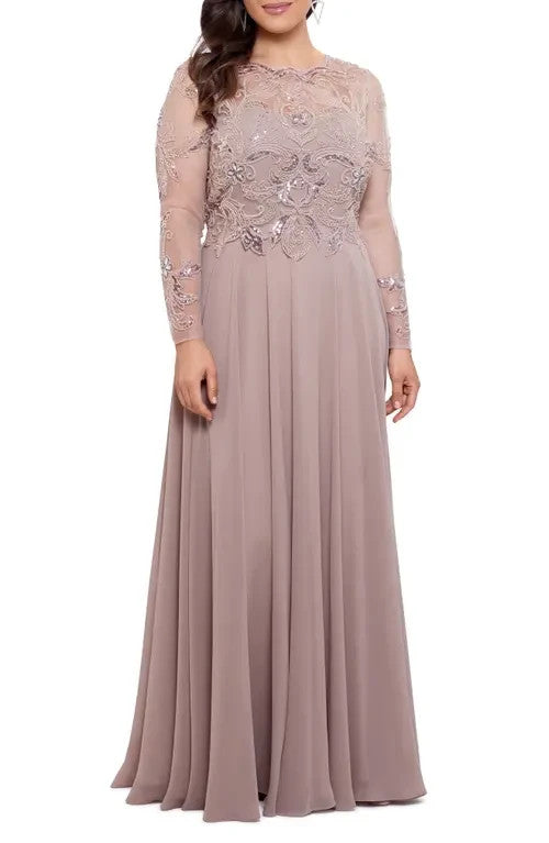 Xscape Chiffon Beaded Long Sleeve Gown MSRP $319