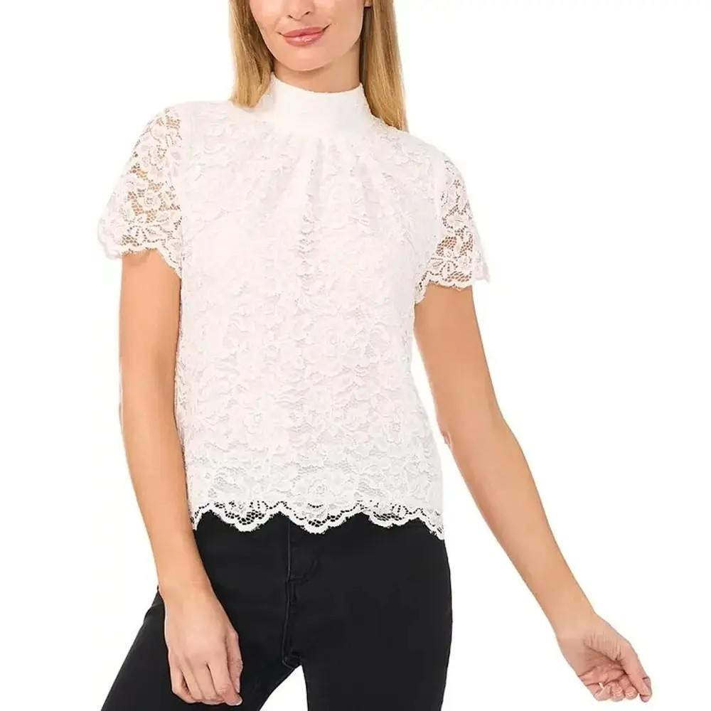 CeCe Women's Lace Mock Neck Cap Sleeve Blouse MSRP $89